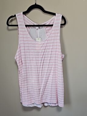 Light Pink Striped Scoop Neck Tank Top, Linen Panel On Back